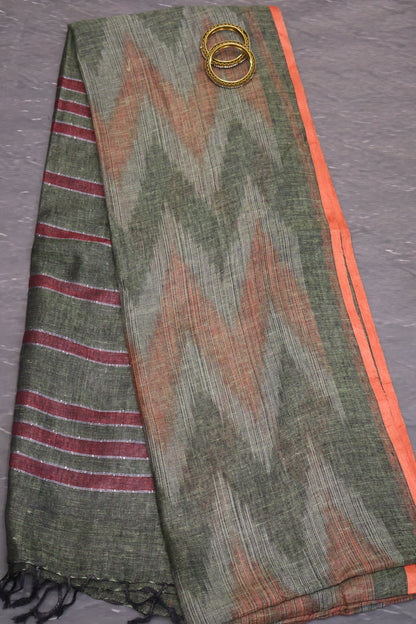 Linen Saree -Green Double Colour Zari
