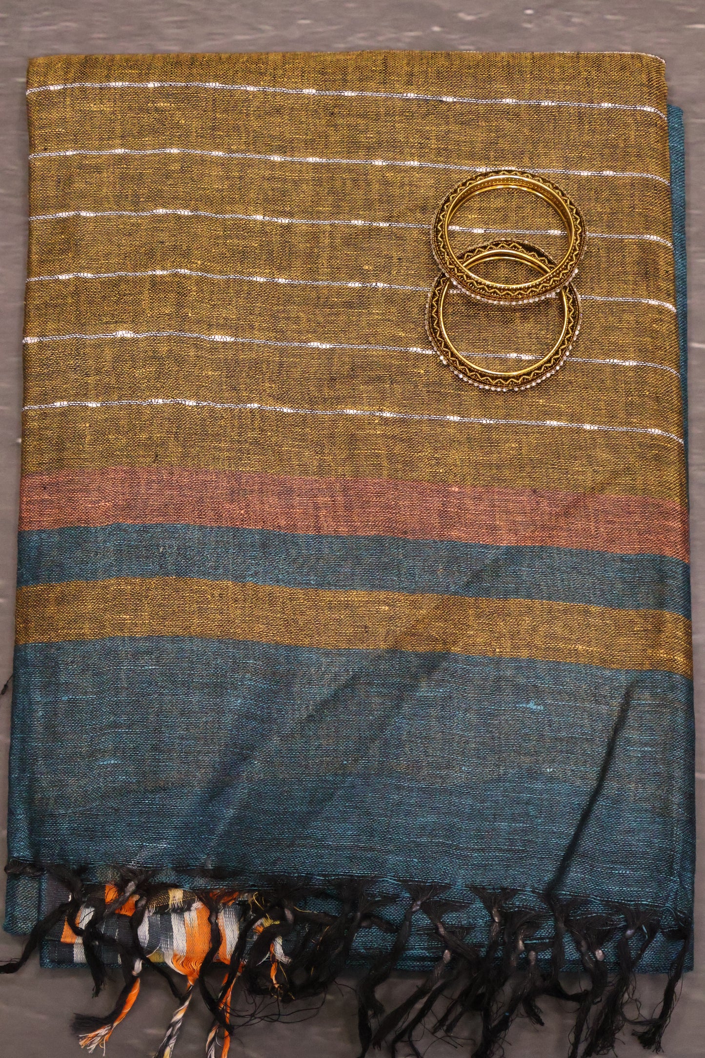 Linen Saree -Peacock Blue Ikkat Border