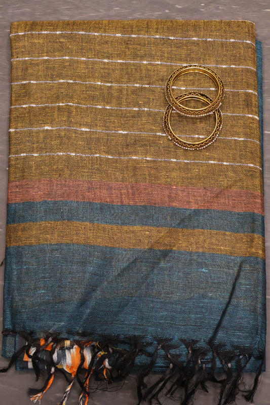 Linen Saree -Peacock Blue Ikkat Border