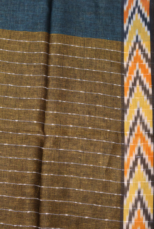 Linen Saree -Peacock Blue Ikkat Border