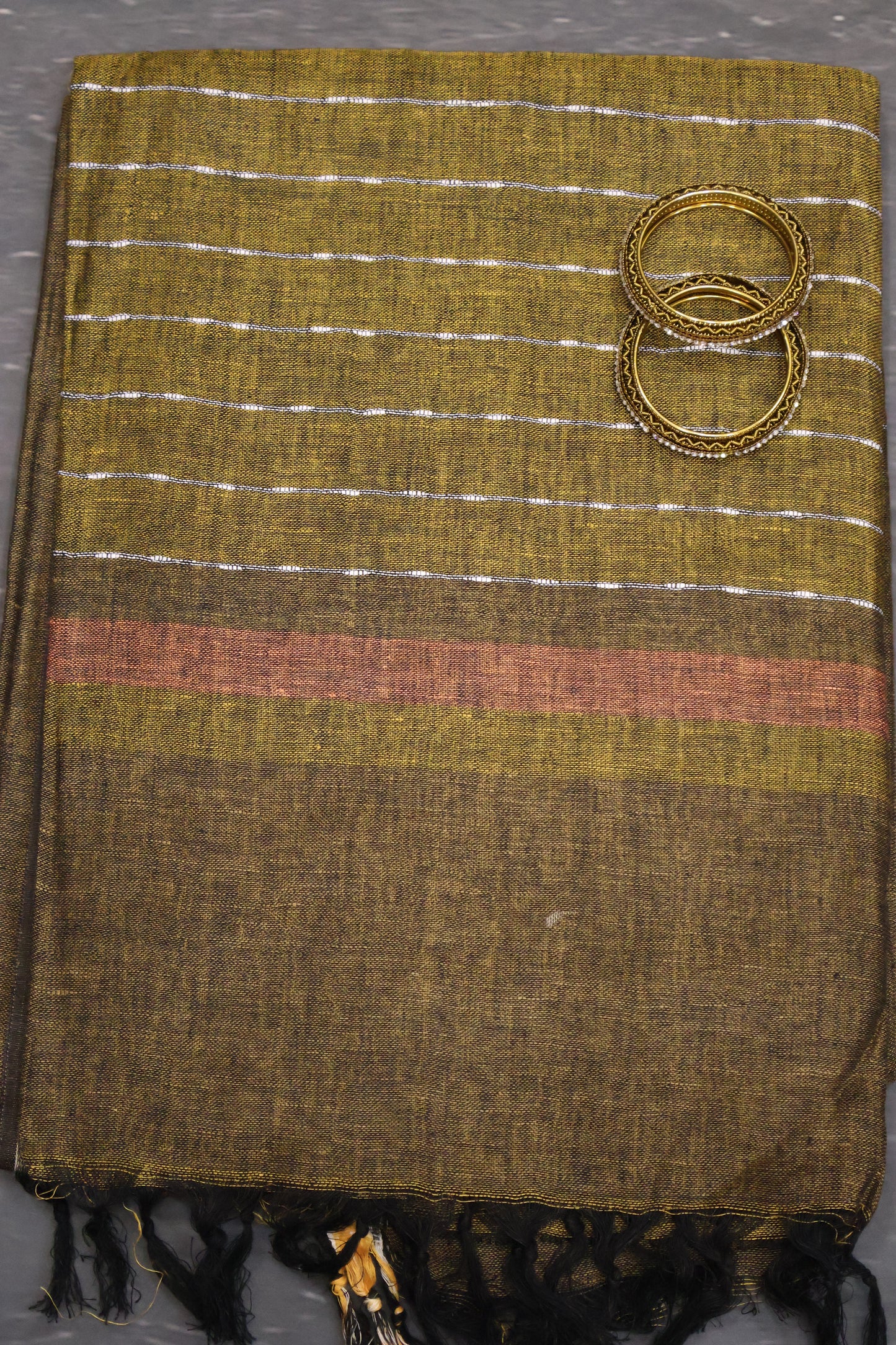 Linen Saree -Dark Mehandi Ikkat Border