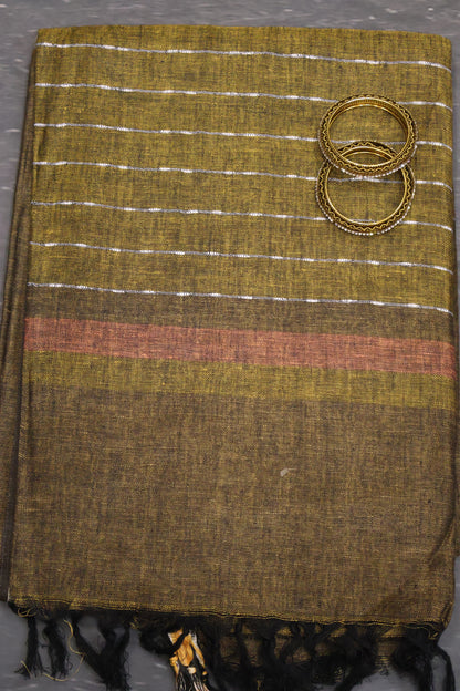 Linen Saree -Dark Mehandi Ikkat Border