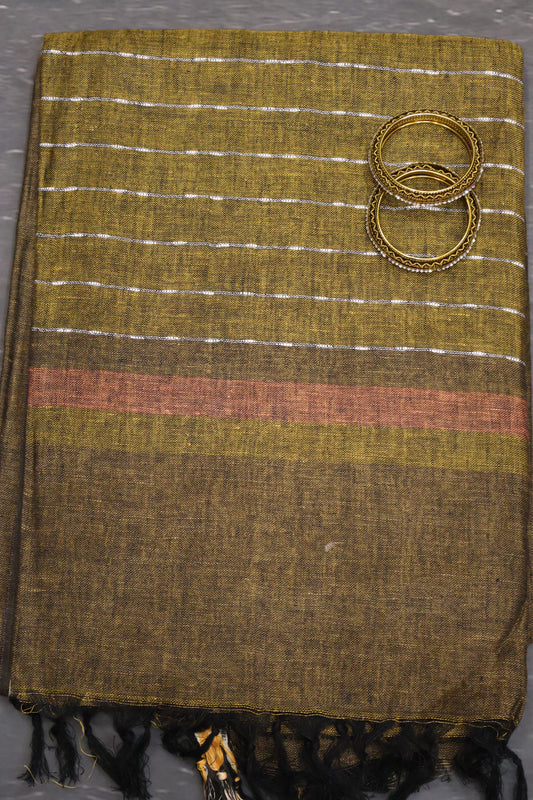Linen Saree -Dark Mehandi Ikkat Border