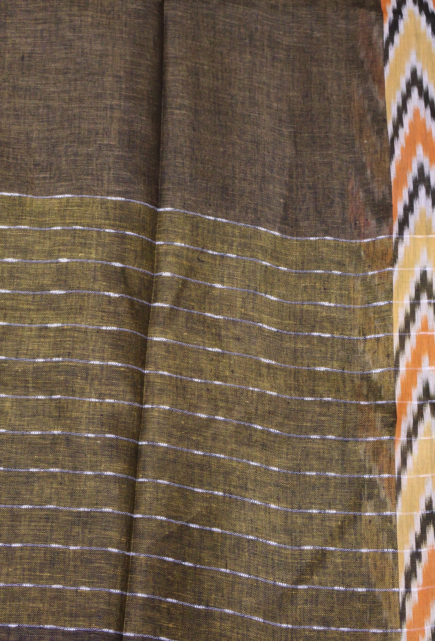 Linen Saree -Dark Mehandi Ikkat Border