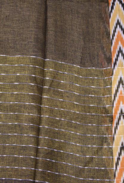 Linen Saree -Dark Mehandi Ikkat Border