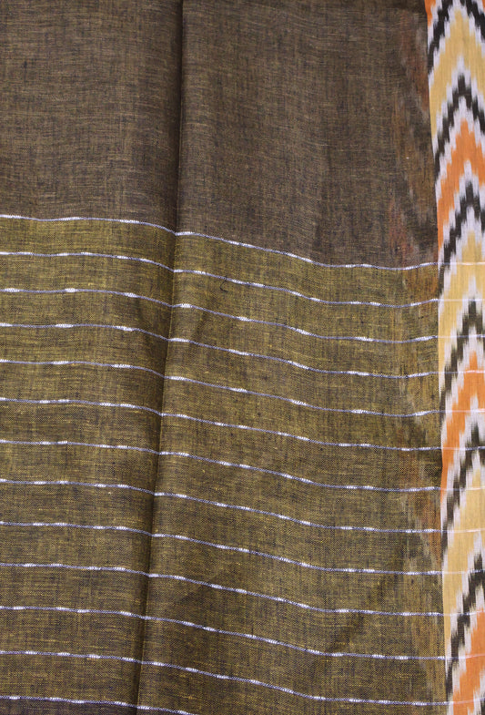 Linen Saree -Dark Mehandi Ikkat Border