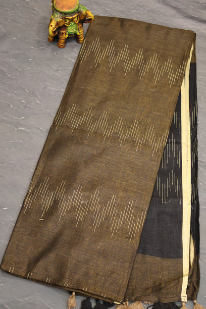 Linen Saree -Mehandi Green Ikkat Weaving