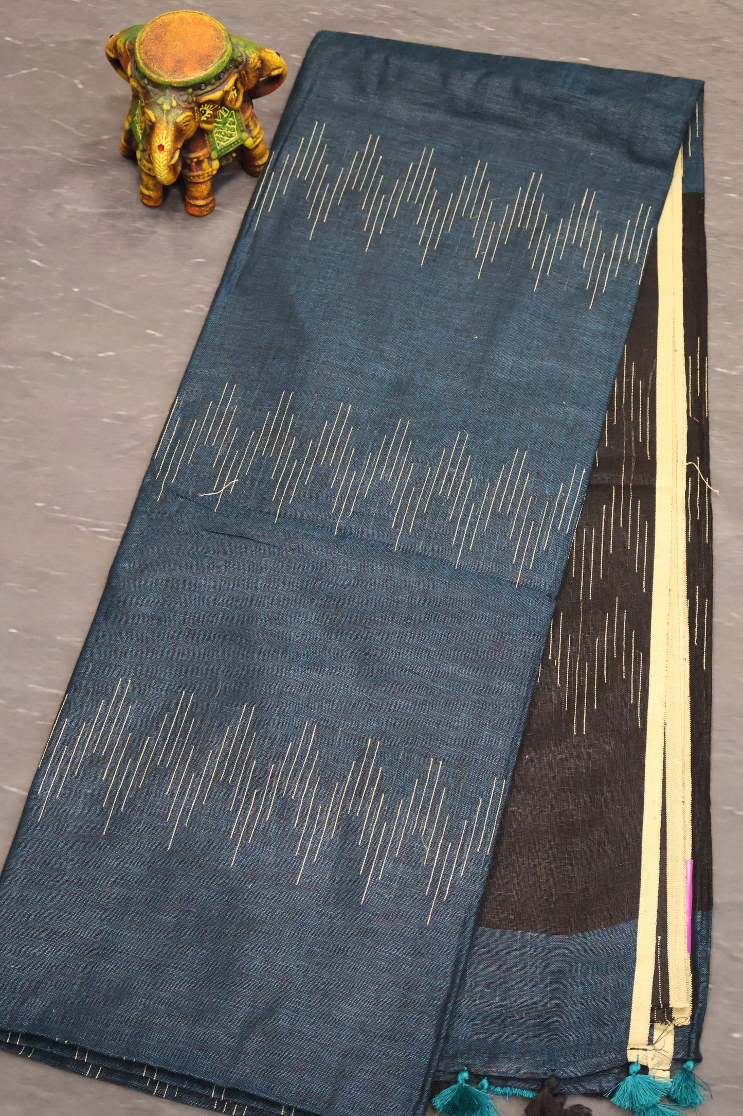 Linen Saree -Peacock Blue Ikkat Weaving