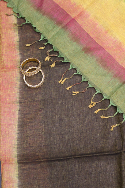 Linen Saree - Dark Mehandi Green Ikkat Weaving