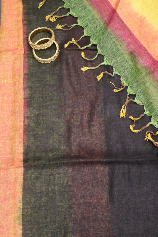 Linen Saree - Black Ikkat Weaving