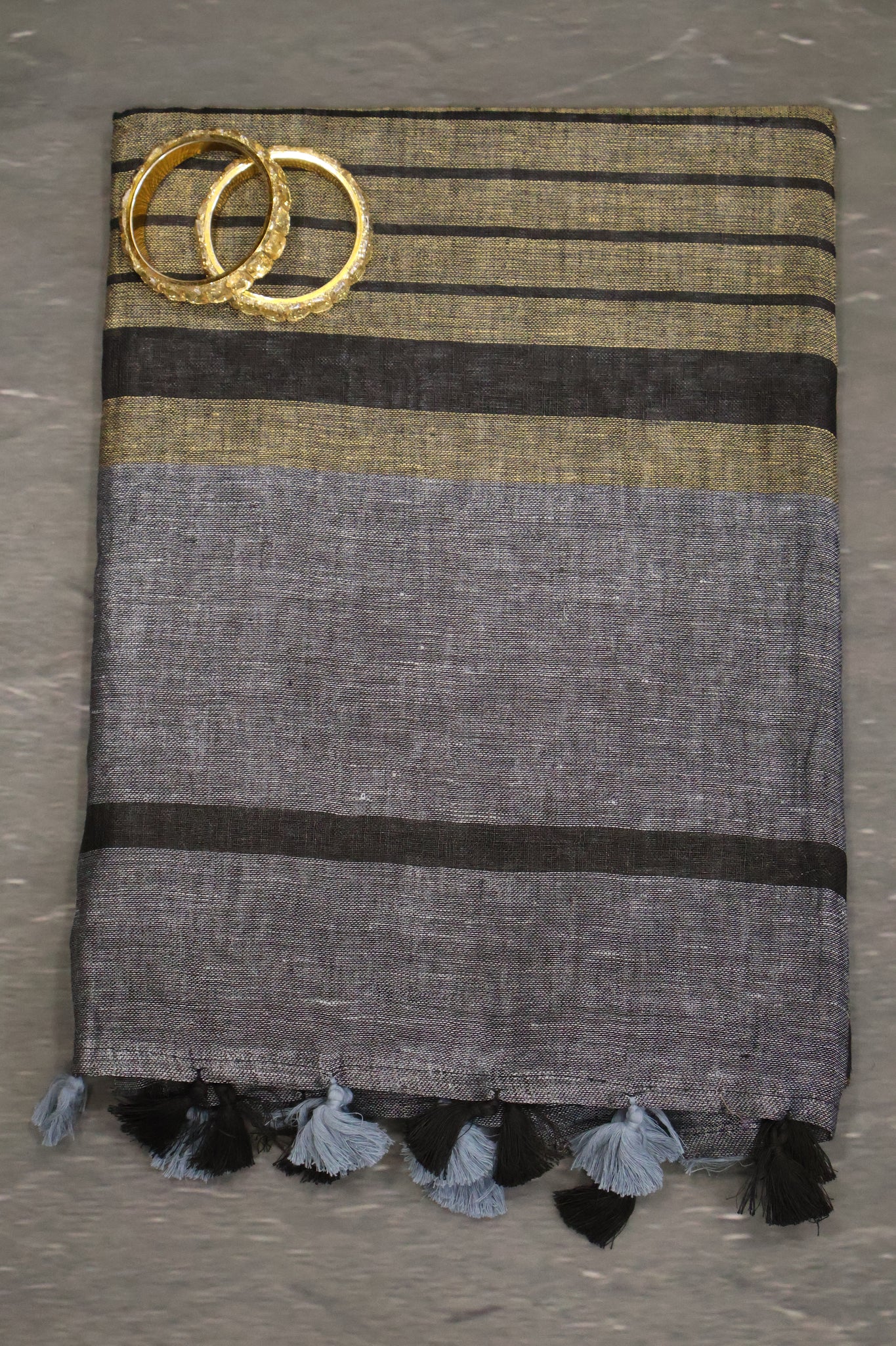 Linen Saree - Line pattern-Beige