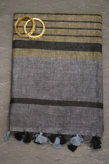 Linen Saree - Line pattern-Beige