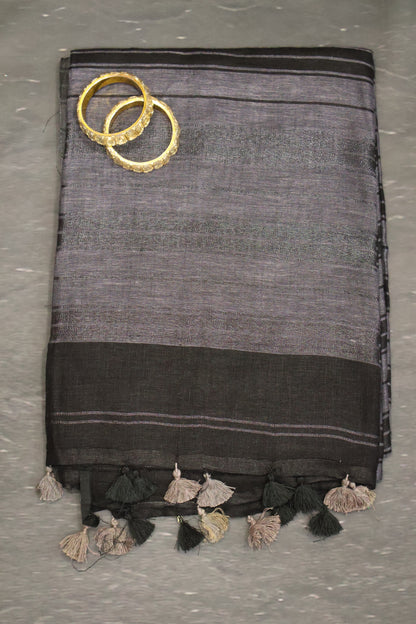 Linen Saree -Grey - Black Zari