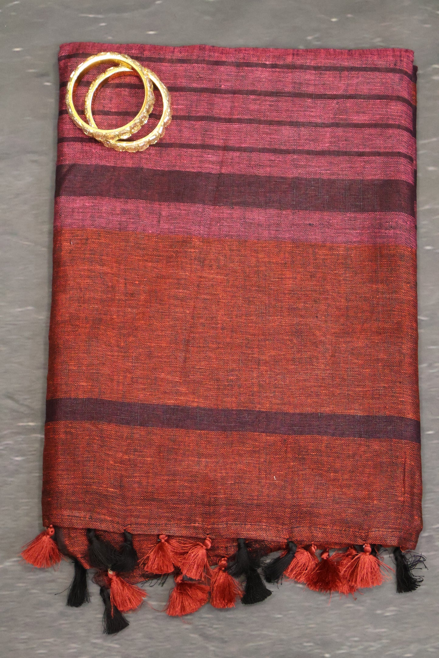 Linen Saree - Line Pattern-Maroon