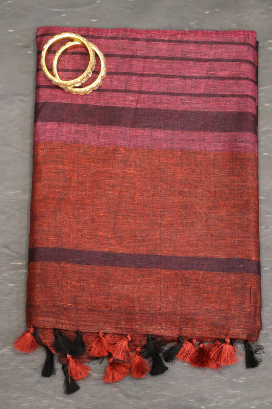 Linen Saree - Line Pattern-Maroon