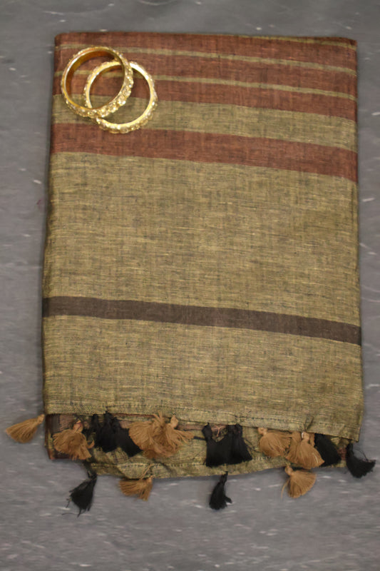 Linen Saree - Line Pattern-Brown