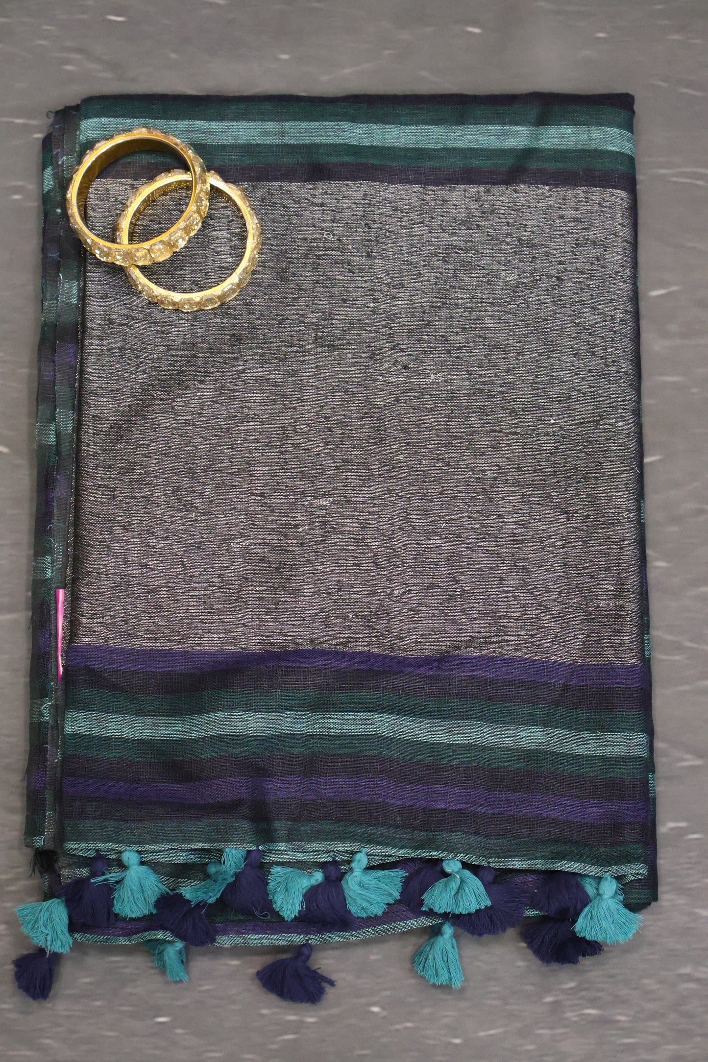 Linen Saree -Black Zari-Green