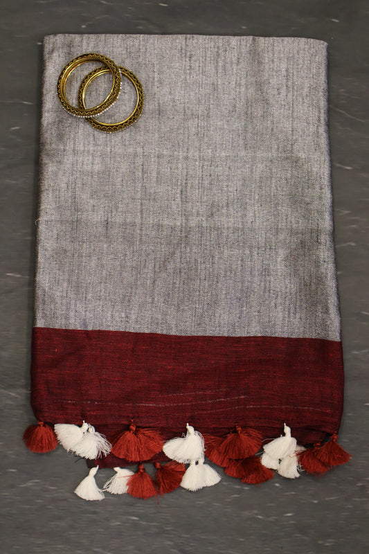 Linen Saree - Silver Zari-Maroon