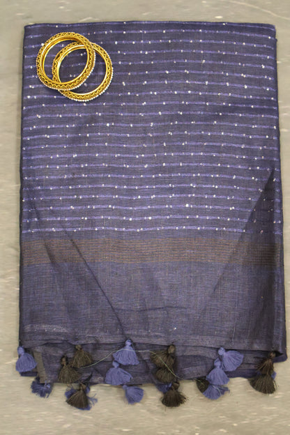 Linen Saree - Chumki Pattern-Blue