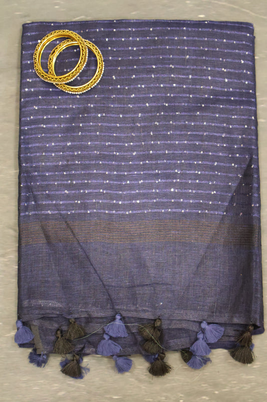 Linen Saree - Chumki Pattern-Blue