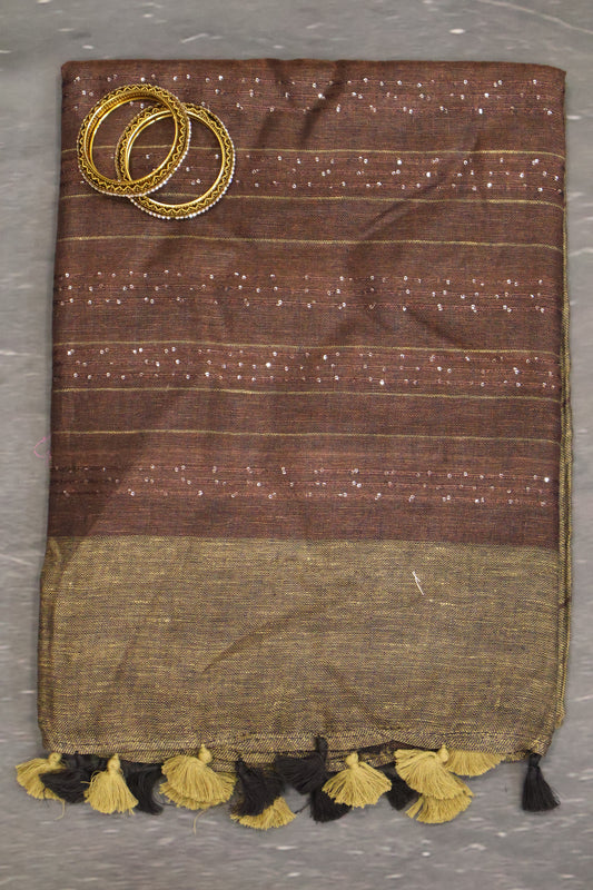 Linen Saree - Chumki Pattern-Mehndi Brown