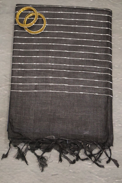 Linen Saree -Round Butta-Navy Blue