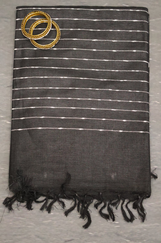 Linen Saree -Round Butta-Black