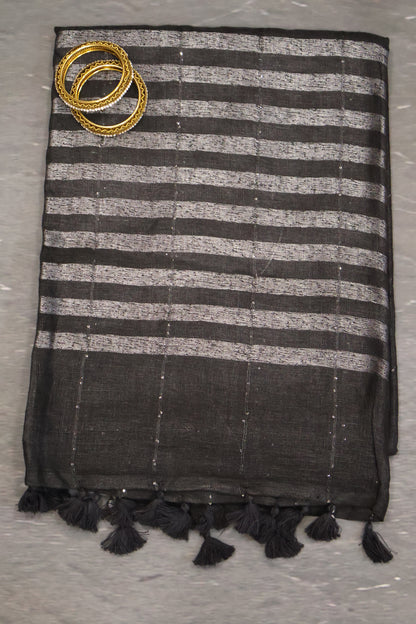 Linen Saree -Chumki Checks Pattern-Black
