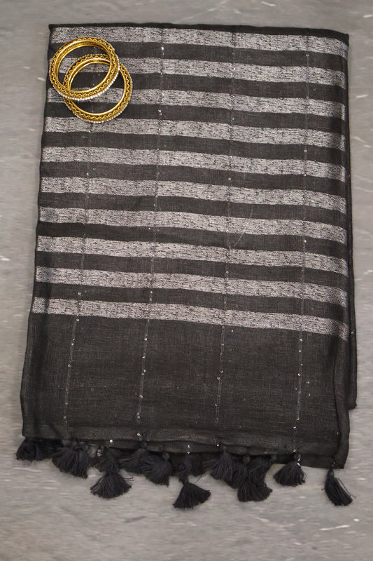 Linen Saree -Chumki Checks Pattern-Black