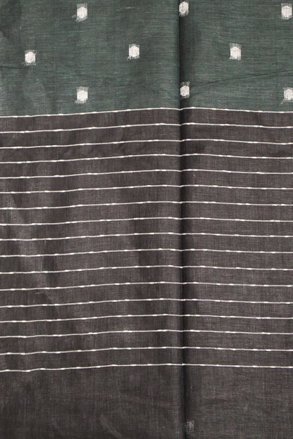 Linen Saree -Round Butta-Bottle Green