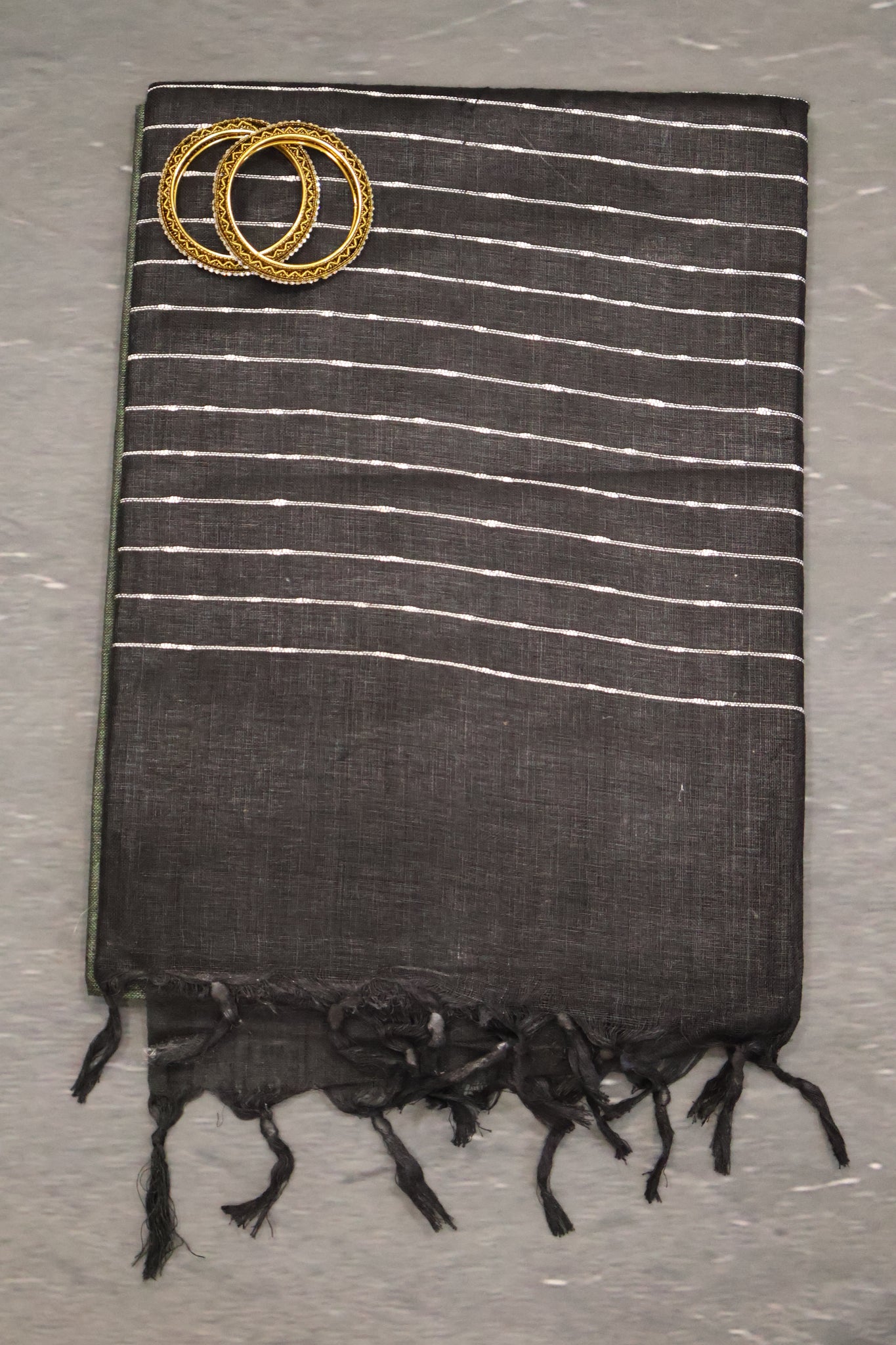 Linen Saree -Round Butta-Army Green