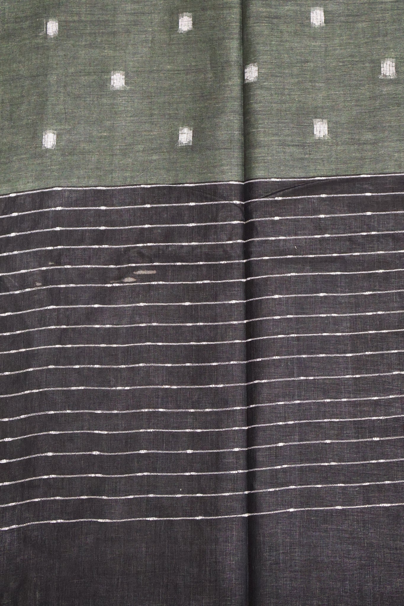 Linen Saree -Round Butta-Army Green