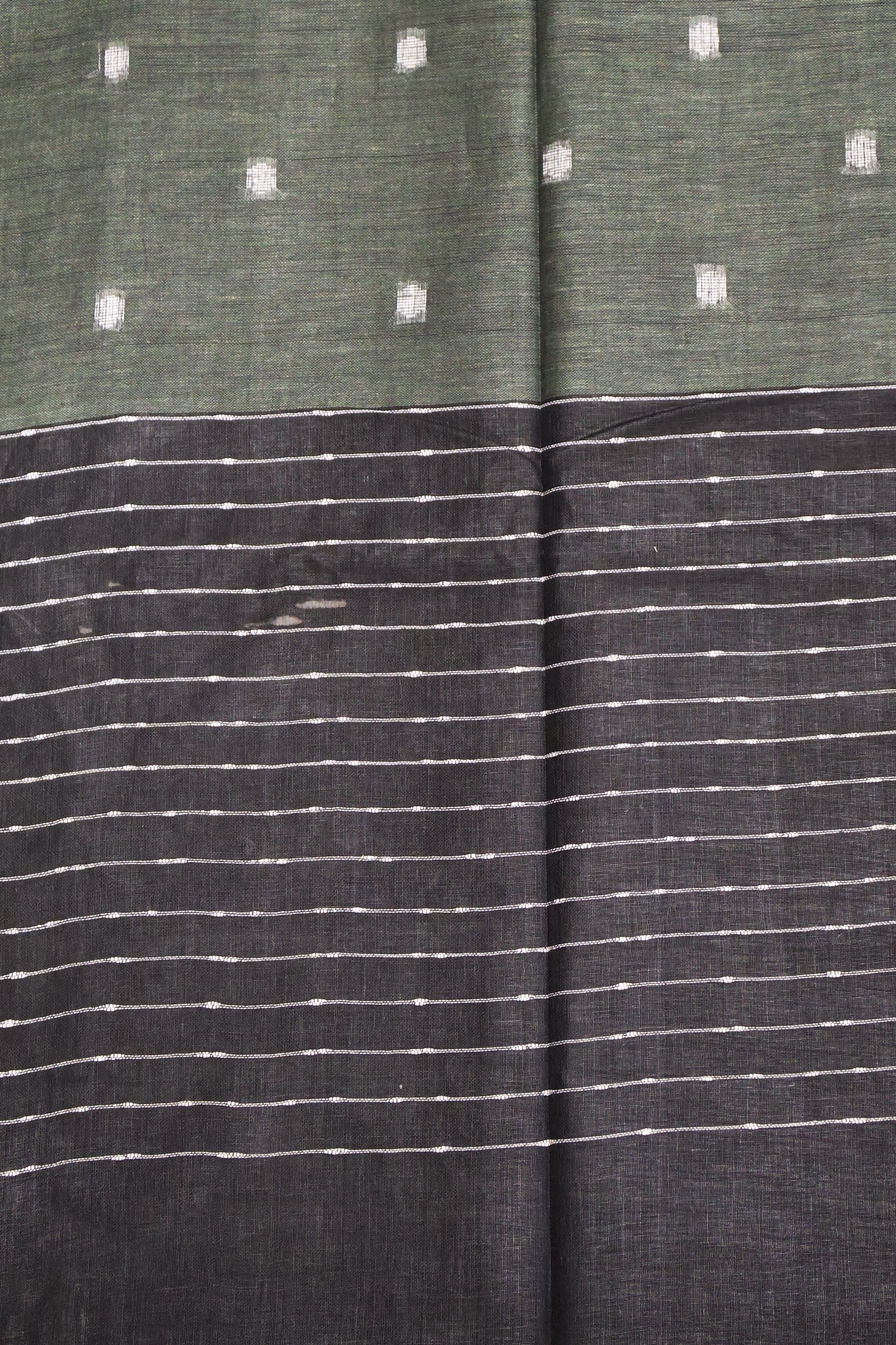 Linen Saree -Round Butta-Army Green