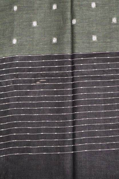 Linen Saree -Round Butta-Army Green