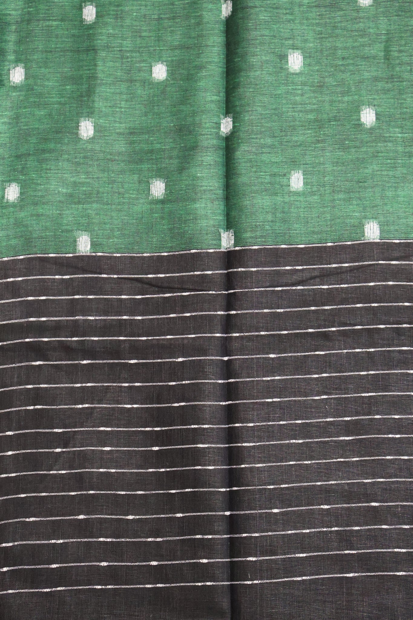 Linen Saree -Round Butta- Dark Green