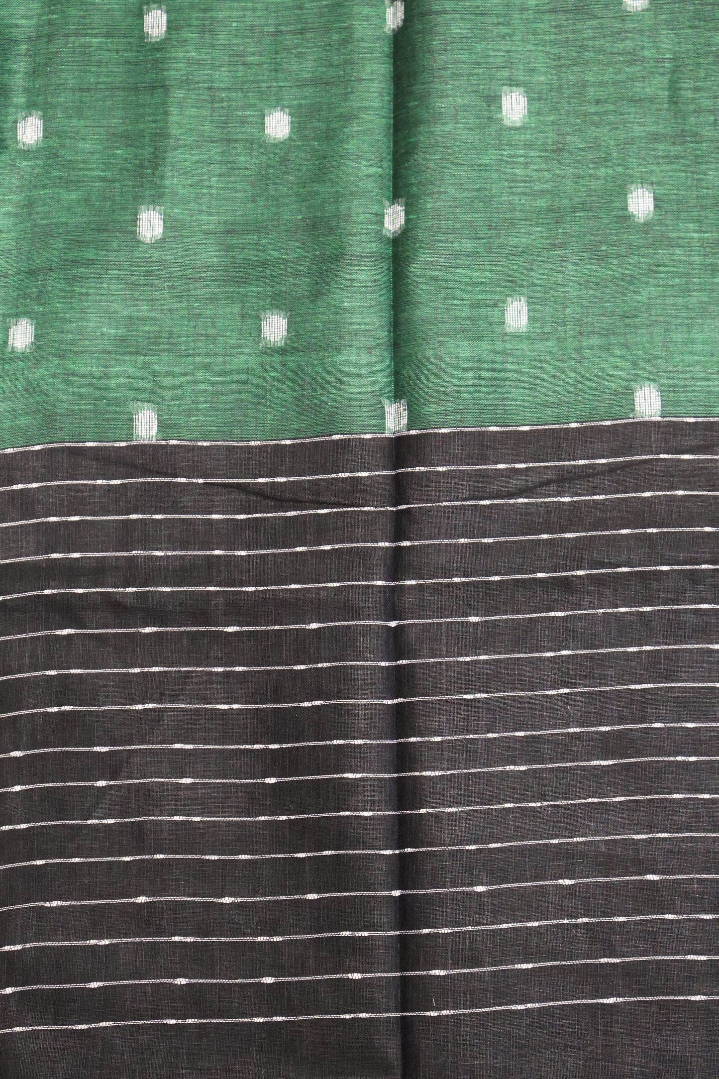 Linen Saree -Round Butta- Dark Green