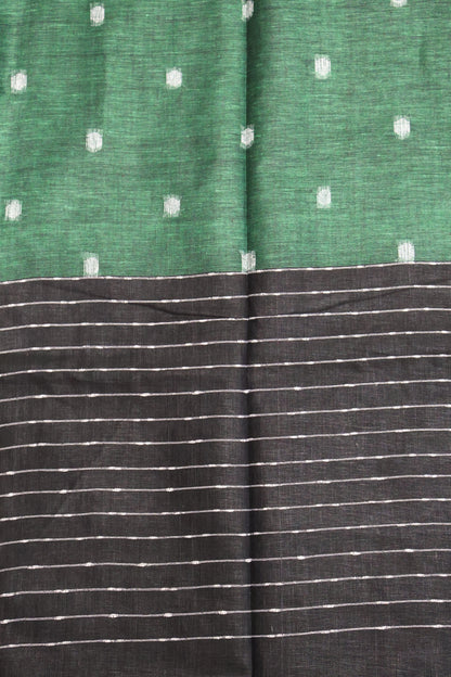 Linen Saree -Round Butta- Dark Green