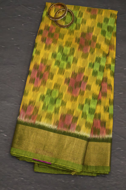 Pochampally Silk Cotton- Mango Yellow ikkat Pattern