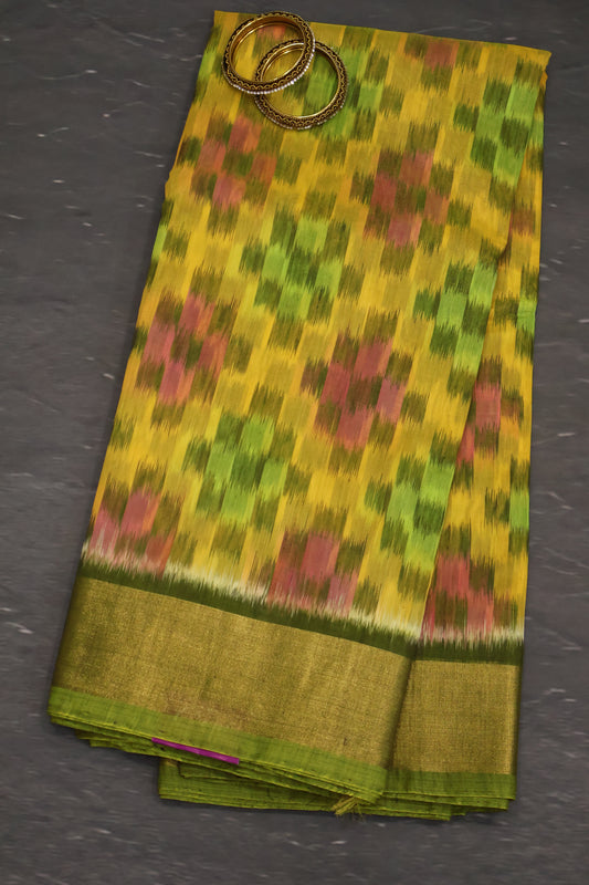 Pochampally Silk Cotton- Mango Yellow ikkat Pattern