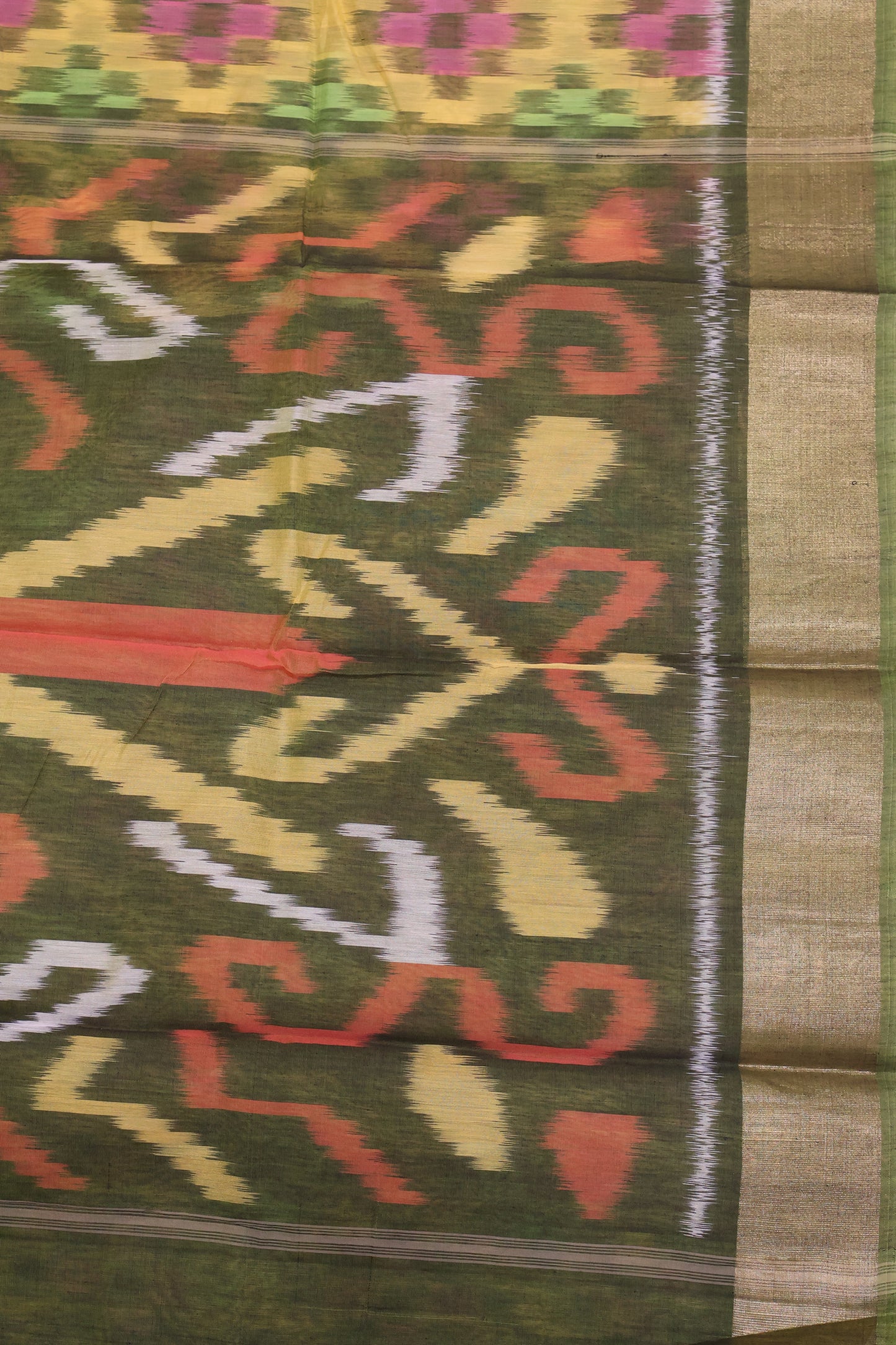 Pochampally Silk Cotton- Mango Yellow ikkat Pattern