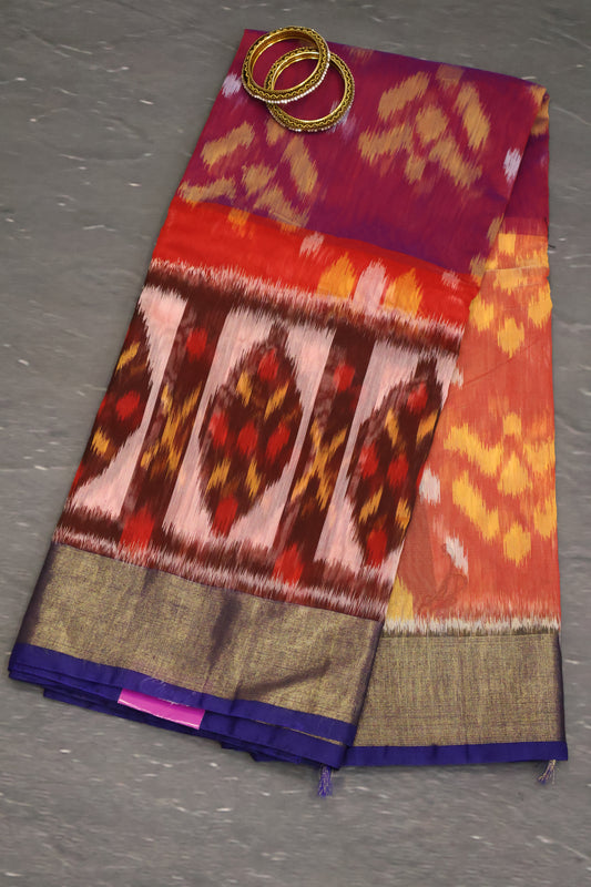 Pochampally Silk Cotton- Brown-Blue ikkat Pattern