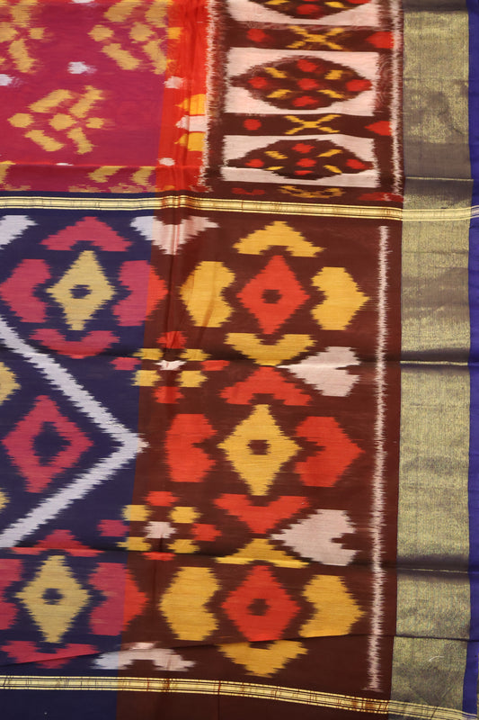Pochampally Silk Cotton- Brown-Blue ikkat Pattern