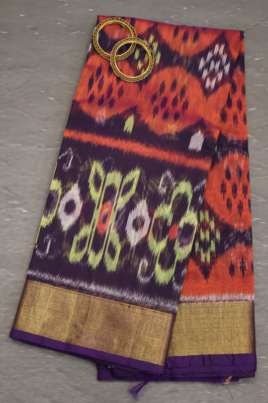 Pochampally Silk Cotton- Brick Red ikkat Pattern