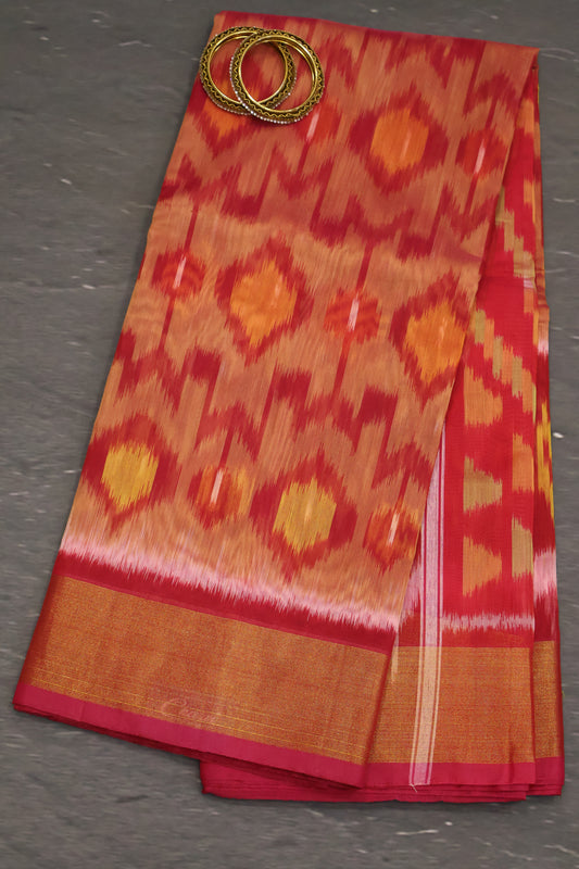 Pochampally Silk Cotton- Pink-Beige ikkat Pattern