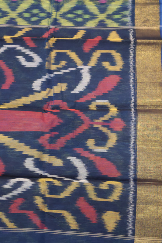 Pochampally Silk Cotton- Peacock Blue ikkat Pattern