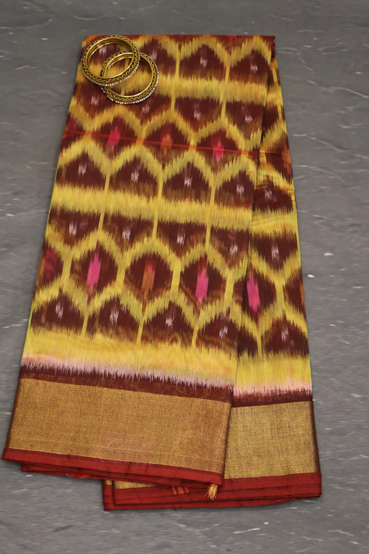 Pochampally Silk Cotton- Maroon Yellow ikkat Pattern