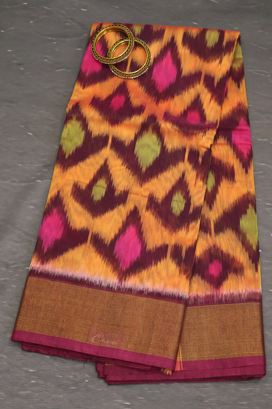 Pochampally Silk Cotton- Peach ikkat Pattern