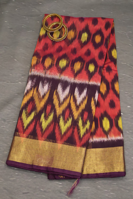 Pochampally Silk Cotton- Purple-Red ikkat Pattern