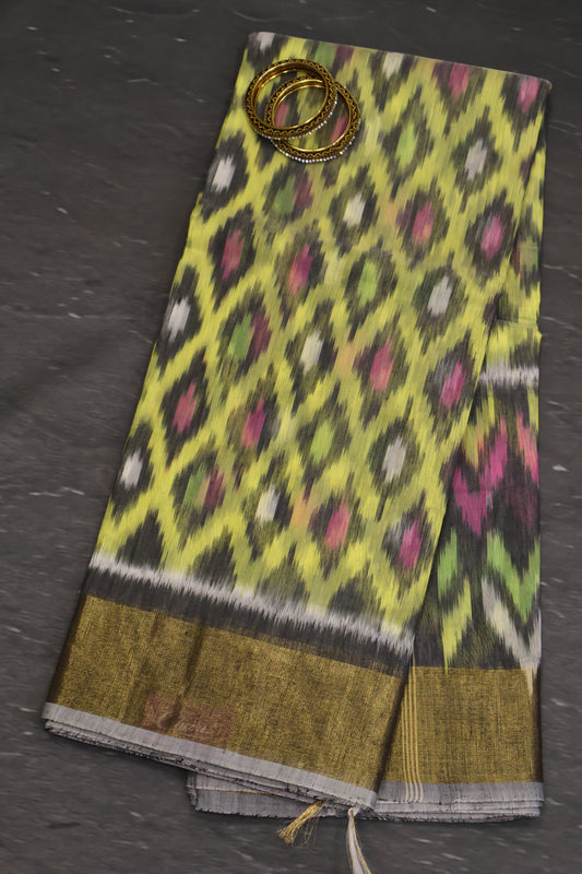 Pochampally Silk Cotton- Light Yellow ikkat Pattern