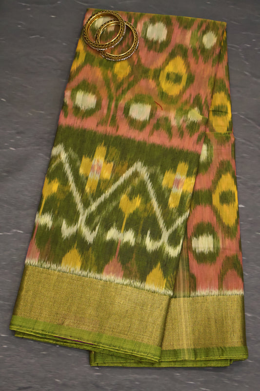 Pochampally Silk Cotton- Green ikkat Pattern